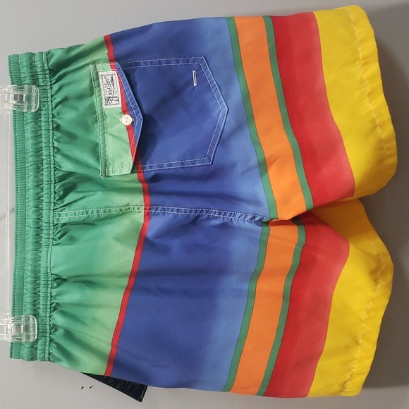 Polo Ralph Lauren NWT Green, Blue, Yellow Striped Swim Trunks, Small - Picture 4 of 6